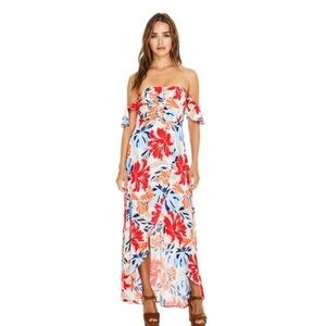 ASTR Esmeralda Maxi Dress Hibiscus Floral Strapless Off Shoulder High Low